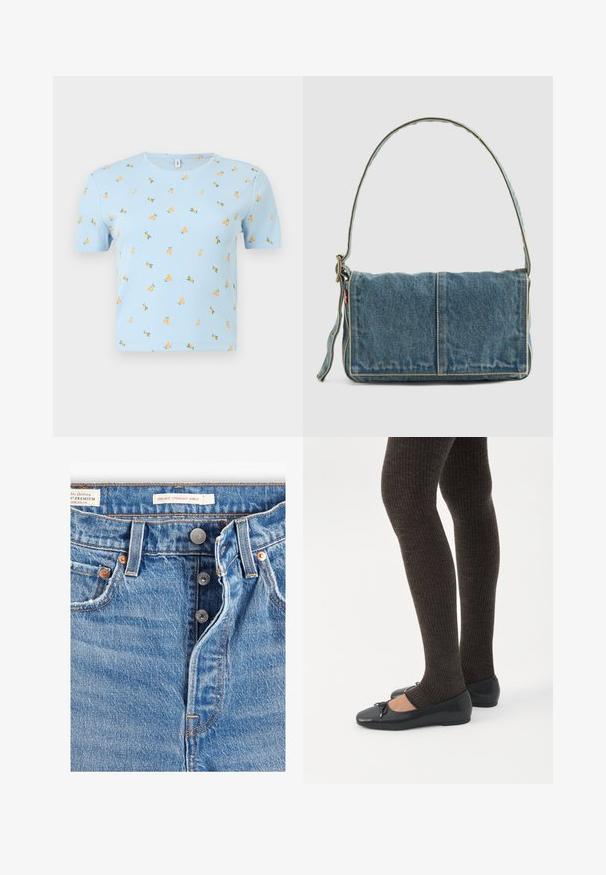 Lyseblå kortærmet ribbet crop top med rund halsudskæring og små orange frugtmønstre spredt på stoffet.; Lyseblå denim jeans med lige ankelpasform. Indeholder fem lommer, to metalknapper og synlig orange syning. Der er mærker til stede.; Ben iført mørke ribbede leggings kombineret med sorte balletsko med små sløjfedetaljer på hvid baggrund.; Denim skuldertaske med fold-over design, lys blå farve, synlige sømme, justerbar rem og en sidelabel-detalje.