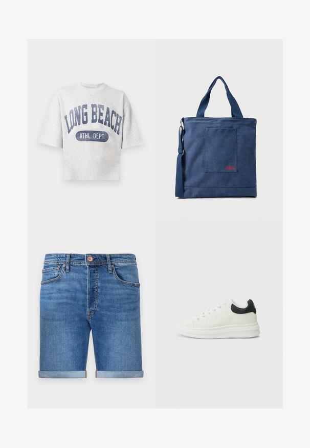 Lysegrå sweatshirt med korte ærmer og rund hals med blåt tryk "LONG BEACH ATHL. DEPT." foran.; Denim shorts i en mellemmel tone med opkrøllede manchetter, fem-lomme design, messingknaplukning og kontraststing.; Hvid lædersneaker med sort hælafslutning, rund tå, flad hvid sål og snørelukning. Minimale perforeringer på siderne.; Blå lærredstote taske med frontlomme og rød "O.N.S" broderi, med to håndtag og en justerbar skulderrem.