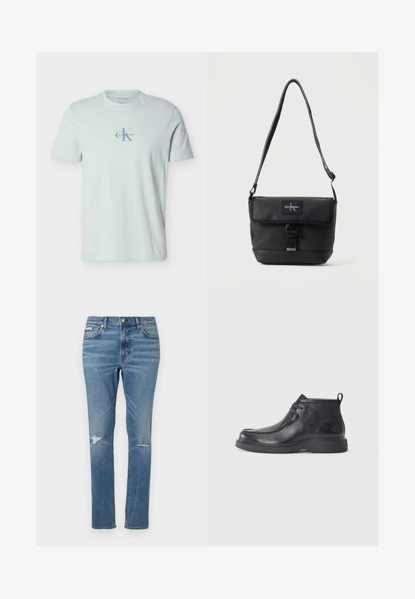 Hele sinine lühikeste varrukatega ümara kaelusega t-särk, mille keskel rinnal on helehallis tuhmunud Calvin Kleini logo.; Heledadhed denim teksad, sirge lõikega, millel on kulumise detailid põlvedel ja klassikaline viie taskuga stiil.; Mustad nahkjalatsid, ümarate varvastega, nöörimisega disain ja taga tõmbeosa. Tekstuuriga pealisosa ja kummist tald.; Must Calvin Kleini õlakott reguleeritava rihmaga, esiklapiga, pandlaga kinnitusega ja nähtava brändilogi plaastriga.