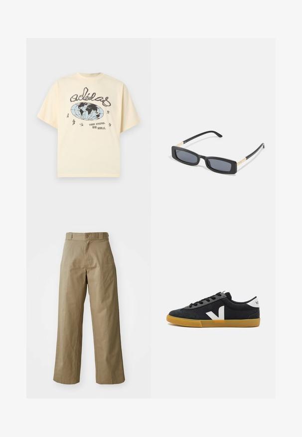 Cremefarbenes Adidas-T-Shirt mit handgezeichnetem Globus, Sternen und dem Text "Three Stripes. One World." auf der Vorderseite.; Khakifarbene weit geschnittene Hosen aus Baumwollmischgewebe, mit einem einzelnen Knopfverschluss und sichtbaren Seitentaschen. Glatte Textur, Faltendetails.; Schwarze Leinensneaker mit einer Wildlederkappe, weißem Logo-Akzent, schwarzen Schnürsenkeln und einer Gummisohle. Minimalistisches Design und niedriges Profil.; Rechteckige schwarze Sonnenbrille mit dunklen Gläsern. Schmale, flache Bügel mit einem goldenen Akzent. Glatter Kunststoffrahmen mit matter Oberfläche.