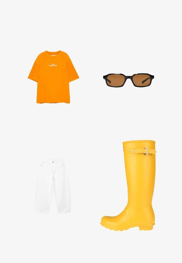 Orange T-shirt med korte ærmer og hvid tekst "Fresh TULIP SPOT" centreret på brystet, med rund hals og afslappet pasform.; Hvide jeans med vide ben, forudsat med forreste knapper og lynlås, bæltestropper samt lommer i siderne og foran, vist på en ensfarvet baggrund.; Gul gummistøvle med en glat overflade, justerbar spænde, og tekstureret sål for bedre greb. Høj design, rund tå, og sømløs krop.; Sorte rektangulære solbriller med tykke stel og brune tonede linser, vist forfra på en hvid baggrund.