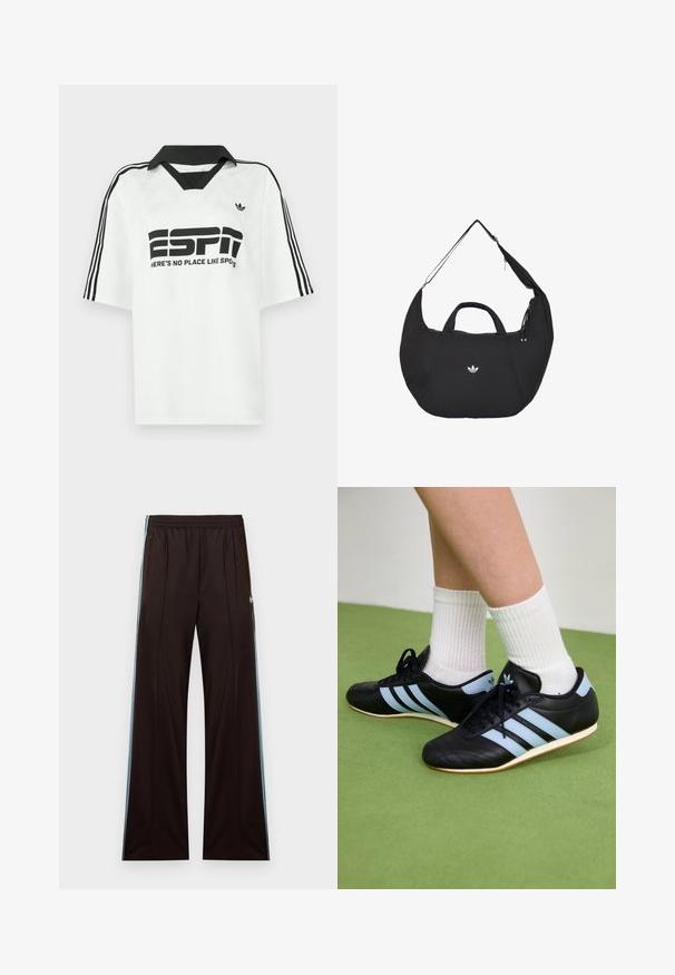 Hvid skjorte med korte ærmer med en sort krave, tre sorte striber på ærmerne og fed sort tekst, der lyder "ESPN" og "HER ER INGEN STED SOM SPOTS."; Sorte løse bukser med lyseblå sidelommer, elastisk talje, lynlås på lommerne og Adidas-logo på venstre hofte.; Sorte lædersportssko med lyseblå striber, teksturerede overdele og gummisko, parret med hvidt ribbet sokker på grønne gulve.; Sort halvmåneformet Adidas taske med dobbelte håndtag og en justerbar skulderrem, der viser det hvide Adidas trefoil-logo midt for.