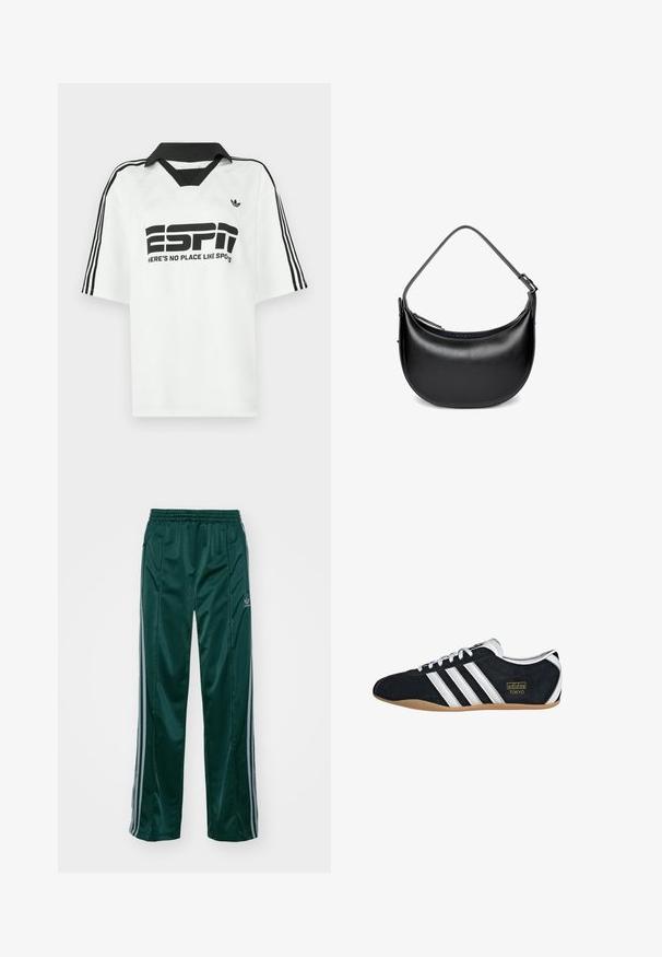 Chemise blanche à manches courtes avec un col noir, trois bandes noires sur les manches, et un texte noir audacieux indiquant "ESPN" et "IL N'Y A PAS DE LIEU COMME LES SPOTS."; Pantalons de sport vert foncé en matériau brillant, avec des bandes latérales gris clair et un logo brodé sur la jambe gauche.; Sneakers en suede noir avec trois bandes blanches, logo doré et semelle en caoutchouc marron. Présente un design à lacets à profil bas.; Sac d'épaule en cuir noir en forme de croissant avec sangle ajustable et fermeture éclair supérieure.