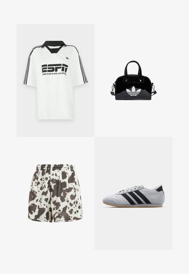 Hvid skjorte med korte ærmer med en sort krave, tre sorte striber på ærmerne og fed sort tekst, der lyder "ESPN" og "HER ER INGEN STED SOM SPOTS."; Hvide shorts med elastisk talje og løs pasform med uregelmæssigt mørkebrunt ko-mønster.; Grå atletik sko med en glat læderfinish, der har tre sorte striber, en rund tå og en sål af gummi.; Sort patentlæder håndtaske med rund form, to top-håndtag, sølvdetaljer og en fremtrædende hvid logo på fronten.