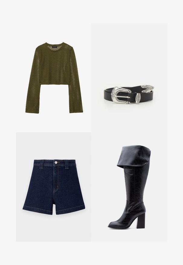 Olijfgroen, cropped langemouwen top gemaakt van meshstof met een losse breipatroon, met een ronde halslijn en een design met gevallen schouders.; Donkerblauwe denim short met een klassieke snit, vijf-pocket ontwerp en contrasterende gele stiksels met een metalen knoopsluiting.; Hoge zwarte leren laars met hak, een omgeslagen boord en een ronde neus, rechtopstaand tegen een witte achtergrond.; Zwarte leren riem met een grote zilveren metalen gesp met ingewikkelde details en decoratieve accenten aan beide uiteinden.