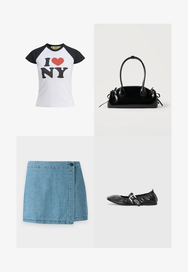 Wit T-shirt met zwarte raglanmouwen, met een gedurfd rood hart en de zwarte tekst "I NY". Gemaakt van zachte katoenen stof.; Leren denim rok in lichtblauw, met een wikkelontwerp en een enkele knoopsluiting en gestikte zoom. Glad oppervlak zonder patronen.; Zwarte leren platte schoen met een spitse neus, geplooide details rond de opening en een zilveren gespaccentueerde verstelbare band.; Kleine zwarte glanzende handtas met twee lange hengsels en zijkant trekkoord details op een effen lichte achtergrond.