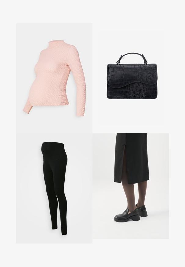 Top de maternidad de manga larga en rosa claro, de tejido texturizado, con cuello alto, forma ajustada y una cintura ligeramente fruncida para mayor comodidad.; Leggings de maternidad negros con una cinturilla alta y de soporte, textura suave, diseño ajustado y sin patrones ni adornos visibles.; Mujer con mocasines negros de tacón grueso, medias negras transparentes y una falda negra con una abertura trasera sobre un fondo blanco.; Bolso de mano negro de cuero con textura de cocodrilo, forma rectangular, solapa curva y asa corta en la parte superior.