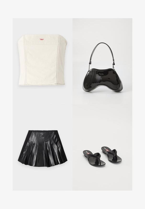 Hellbeige, tailliertes Crop-Top aus Baumwolle mit geradem Ausschnitt, minimalen Nahtdetails und einem kleinen roten Logo auf der Vorderseite.; Schwarzer Faltenrock mit glänzendem Leder vorne und einem einfarbigen schwarzen Bund mit kleinem Metallakzent. Strukturierte Lederpaneele vervollständigen das Design.; Melissa QUANTUM THONG X DIESEL - Zehentrenner - black; Schwarze Handtasche aus lackiertem Leder mit einer einzigartigen, geschwungenen Form, kurzem verstellbarem Griff und einem Reißverschluss oben. Glatte Textur mit dezentem Branding.