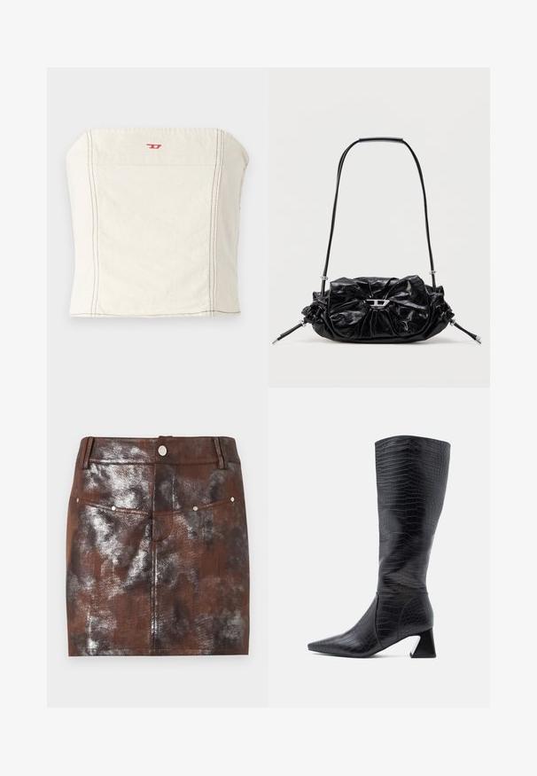 Haut court ajusté beige clair en coton, avec une encolure droite, des détails de couture minimalistes et un petit logo rouge à l'avant.; Mini-jupe marron et noire à effet métallique avec poches avant, passants de ceinture et fermeture par bouton argenté à la taille.; Bottes noires montantes jusqu'au genou avec un bout pointu, en cuir synthétique texturé effet crocodile ; elles présentent un talon épais et une finition lisse.; Sac à main en cuir noir avec un design froncé et un détail en forme de nœud sur le devant. Dispose d'une poignée courte et d'accents de quincaillerie argentée.