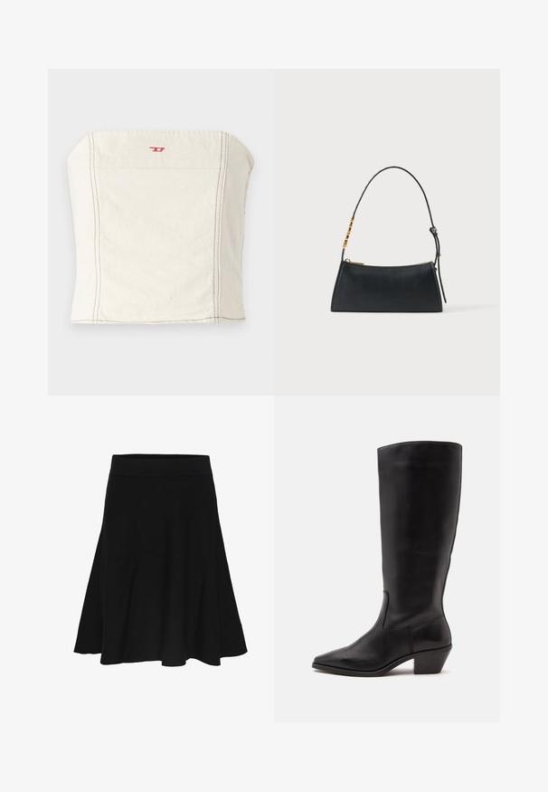 Hellbeige, tailliertes Crop-Top aus Baumwolle mit geradem Ausschnitt, minimalen Nahtdetails und einem kleinen roten Logo auf der Vorderseite.; Schwarzer knielanger ausgestellter Rock mit breitem, elastischem Bund und glatter Stoffstruktur vor weißem Hintergrund.; Schwarzer Lederstiefel bis zur Wade mit spitzer Spitze und niedrigem schrägem Absatz vor einfachem hellem Hintergrund.; Schwarze Lederhandtasche mit goldenem Reißverschluss und verstellbarem Riemen mit goldenen rechteckigen Details auf weißem Hintergrund.