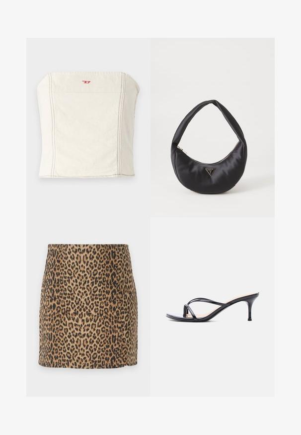 Lichtbeige, getailleerde crop top van katoen, met een rechte halslijn, minimale stikseldetails en een klein rood logo op de voorkant.; Minirok met luipaardprint, voorzien van een aansluitend ontwerp met een gladde textuur, een tan achtergrond en zwarte vlekken. De zoomafwerking is netjes en eenvoudig.; Zwarte laklederen sandaal met hakken, dunne gekruiste bandjes en een slanke, middelhoog stilettohak op een witte achtergrond.; Zwarte satin handtas met een gebogen vorm, voorzien van een ritssluiting en een driehoekig metalen logo aan de voorkant. Gladde textuur en een slank ontwerp.