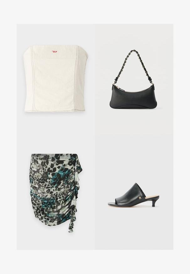 Lichtbeige, getailleerde crop top van katoen, met een rechte halslijn, minimale stikseldetails en een klein rood logo op de voorkant.; Geroesde, lichte rok in tinten groen, zwart en grijs met een luipaardprintmotief en ruches langs de zijkant.; Zwarte leren open teen muiltjes met een lage hak. Heeft een glad oppervlak en een gouden logo accent aan de zijkant.; Zwarte lederen schoudertas met een gebogen rechthoekige vorm, gouden ketting verweven in een gevlochten zwarte band, en een ritssluiting bovenop.