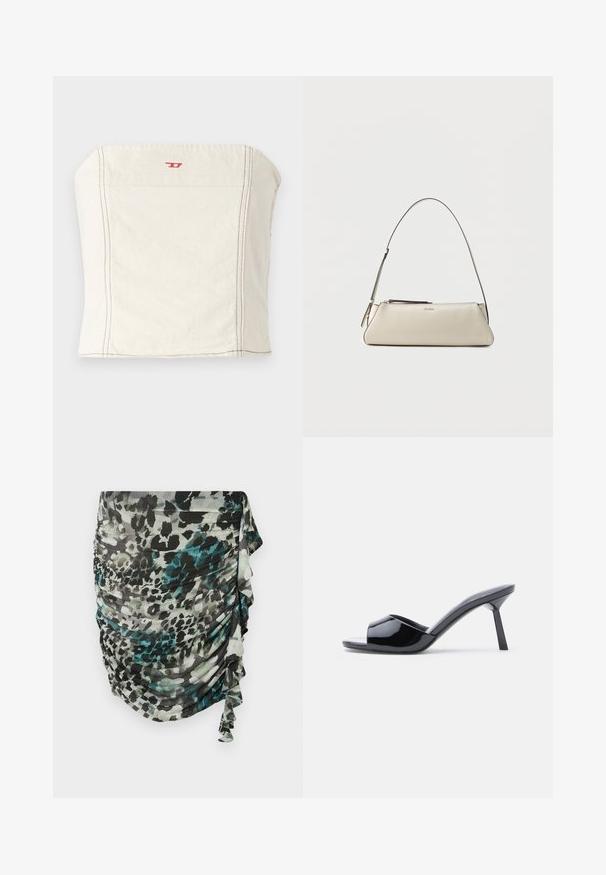 Hellbeige, tailliertes Crop-Top aus Baumwolle mit geradem Ausschnitt, minimalen Nahtdetails und einem kleinen roten Logo auf der Vorderseite.; Raffinierter, leichter Rock in Grüntönen, Schwarz und Grau mit einem Leopardenmuster und Rüschendetails an der Seite.; Schwarze Sandalen mit Absatz aus Lackleder, offenem Zehenbereich, mit geschwungenem Obermaterial und spitz zulaufendem Stilettoabsatz. Glatte, glänzende Oberfläche.; Kleine beige Lederschultertasche mit dünnem Riemen und Reißverschluss, vorne in der Mitte mit einem dezenten metallischen Logo.