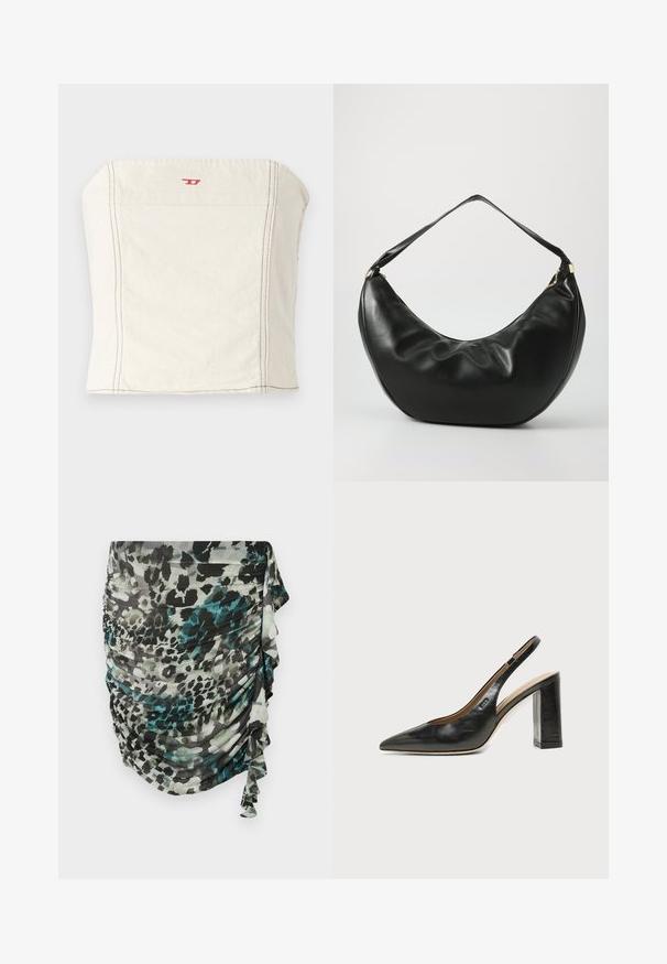 Lichtbeige, getailleerde crop top van katoen, met een rechte halslijn, minimale stikseldetails en een klein rood logo op de voorkant.; Geroesde, lichte rok in tinten groen, zwart en grijs met een luipaardprintmotief en ruches langs de zijkant.; Zwarte leren slingback schoen met spits toelopend neusje, hoge blokhak en beige binnenvoering tegen een effen lichte achtergrond.; Zwarte leren schoudertas met een gebogen vorm, zachte textuur en een enkele schouderband; beschikt over een gouden rits en subtiele branding.