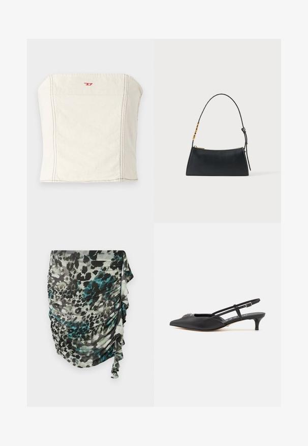 Lichtbeige, getailleerde crop top van katoen, met een rechte halslijn, minimale stikseldetails en een klein rood logo op de voorkant.; Geroesde, lichte rok in tinten groen, zwart en grijs met een luipaardprintmotief en ruches langs de zijkant.; Zwarte slingback schoenen met een puntige neus, gemaakt van glad materiaal, met een kleine hak en een decoratieve zilverkleurige accent op de wreef.; Zwarte leren handtas met een gouden ritssluiting en verstelbare band met gouden rechthoekige details op een witte achtergrond.