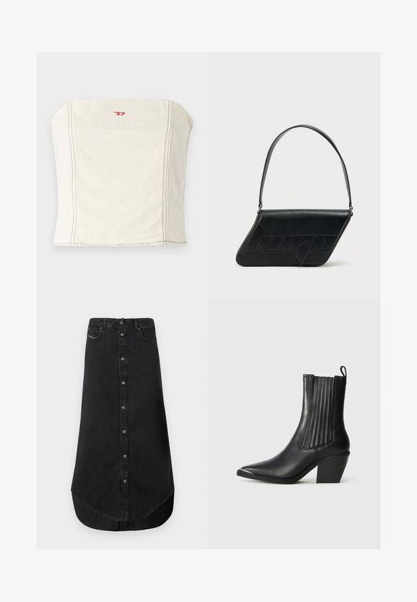 Svetlo béžový, priliehavý crop top vyrobený z bavlny, s rovnými ramenami, minimálnymi švovými detailmi a malým červeným logom na prednej strane.; Čierna džínsová midi sukňa s predným zapínaním na gombíky, zakriveným lemom, pútka na opasok a prednými vreckami.; Čierna kožená členková čižma s špičatou špičkou, rebrovanými bočnými panelmi a masívnym podpätkom, umiestnená na textúrovanej dlažbe.; Čierna kožená taška cez rameno v trojuholníkovom tvare, s vyrazeným logom a jedným nastaviteľným pásikom. Minimalistický dizajn s hladkou textúrou.