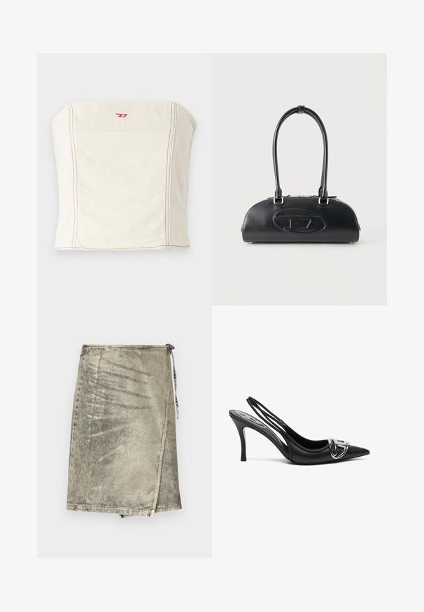Hellbeige, tailliertes Crop-Top aus Baumwolle mit geradem Ausschnitt, minimalen Nahtdetails und einem kleinen roten Logo auf der Vorderseite.; Jeanswickelrock in metallischem Gold. Mit Schlaufenverschluss, unregelmäßigem Saum und subtiler Textur mit einem leicht abgetragenen Aussehen.; Schwarze Slingback-Pumps mit spitzem Vorderteil, ausgestattet mit einem glänzenden silbernen Schnallendetail und einem schlanken Absatz. Glattes Lederoberfläche, minimalistische Gestaltung.; Schwarze Lederhandtasche mit langen doppelten Griffen und geprägtem ovalem Logo auf der Vorderseite, vor einem schlichten hellen Hintergrund gezeigt.