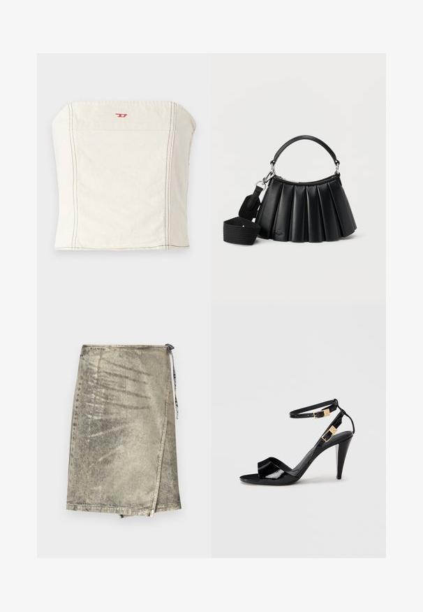 Svetlo béžový, priliehavý crop top vyrobený z bavlny, s rovnými ramenami, minimálnymi švovými detailmi a malým červeným logom na prednej strane.; Džínová ovinovacia sukňa v metalickej zlatej farbe. Obsahuje viazanie na uzol, nerovný lem a jemnú textúru s ľahko opotrebovaným vzhľadom.; Čierne lakované sandále na vysokom opätku s dvojitými remienkami na členku a zlatými prackami, otvorená špička a štíhly tvarovaný opätok na neutrálnom pozadí.; Čierna plisovaná kožená kabelka s krátkou rúčkou a odnímateľným širokým látkovým ramenným popruhom na bielom pozadí.