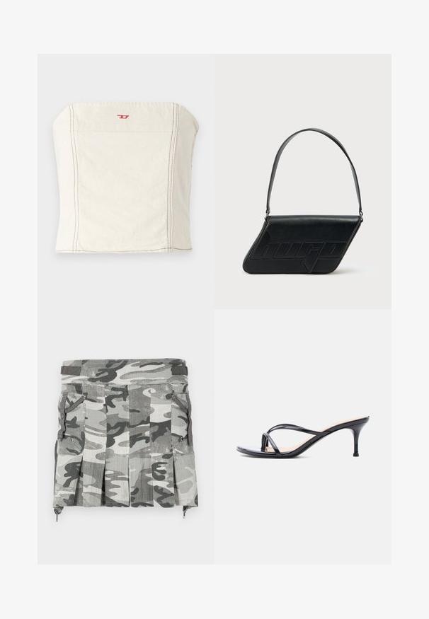 Haut court ajusté beige clair en coton, avec une encolure droite, des détails de couture minimalistes et un petit logo rouge à l'avant.; Jupe à motif camouflage dans des nuances de gris et de noir, avec des plis, deux poches latérales et une fermeture éclair à l'ourlet.; Sandale à talon en cuir verni noir avec fines lanières croisées et talon aiguille moyen et élancé sur fond blanc.; Sac d'épaule en cuir noir de forme triangulaire, avec un logo embossé et une seule bandoulière réglable. Design minimaliste avec une texture lisse.