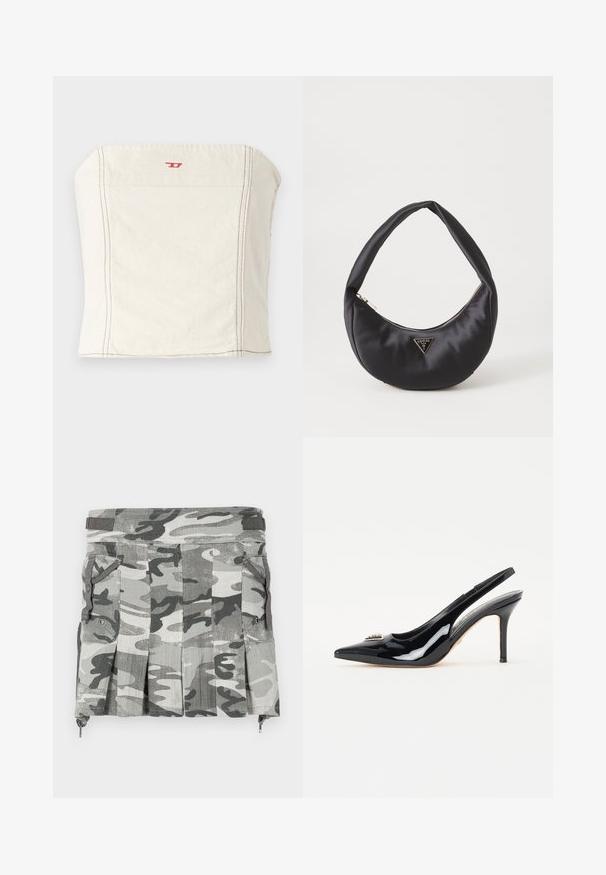 Svetlo béžový, priliehavý crop top vyrobený z bavlny, s rovnými ramenami, minimálnymi švovými detailmi a malým červeným logom na prednej strane.; Sukňa v maskáčovom vzore v odtieňoch šedej a čiernej, so skladmi, dvomi bočnými vreckami a zipsom na leme.; Čierne lakované kožené slingback topánky s ostrou špičkou, štíhlým stiletto podpätkom a ozdobným prvkom na priehlavku.; Čierna saténová kabelka s zakriveným tvarom, so zipsovým uzáverom a trojuholníkovým kovovým logom na prednej strane. Hladká textura a elegantný dizajn.
