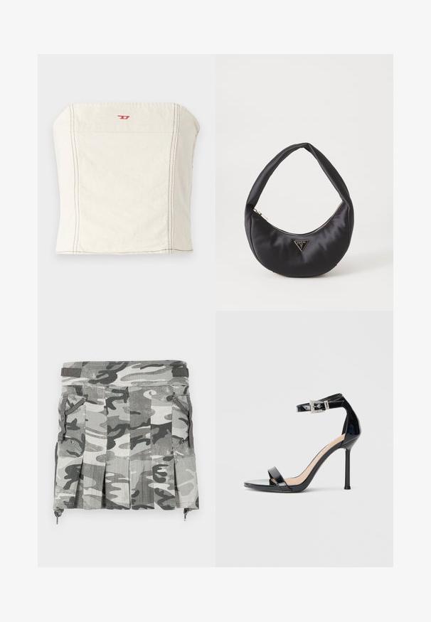 Lys beige, tætsiddende cropped top lavet af bomuld, med en lige halsudskæring, minimale syningsdetaljer og et lille rødt logo på forsiden.; Camouflage-mønstret nederdel i nuancer af grå og sort, med plisseringer, to sidelommer og en lynlåslukning ved kanten.; Sort højhælet sandal i laklæder med ankelrem. Har minimalistisk design, åben tå og spænde med rhinsten-detaljer.; Sort satin håndtaske med en buet form, der har en lynlåslukning og et trekantet logo i metal på forsiden. Glat tekstur og slankt design.