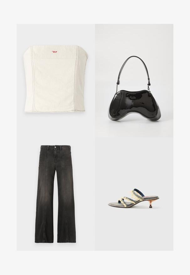 Lichtbeige, getailleerde crop top van katoen, met een rechte halslijn, minimale stikseldetails en een klein rood logo op de voorkant.; Zwarte denim jeans met wijde pijpen en een vervaagde afwerking, voorzien van twee zakken aan de voorkant en gestikte details langs de naden. Hoge taille.; Denim slide sandalen met drie gele rafelige banden, een lichtpuntige neus en een metalen kittenhak. Platte zool met decoratieve stiksels.; Zwarte gepatenteerde leren handtas met een unieke gebogen vorm, korte verstelbare handgreep en een ritsopening. Glad uiterlijk met subtiele branding.