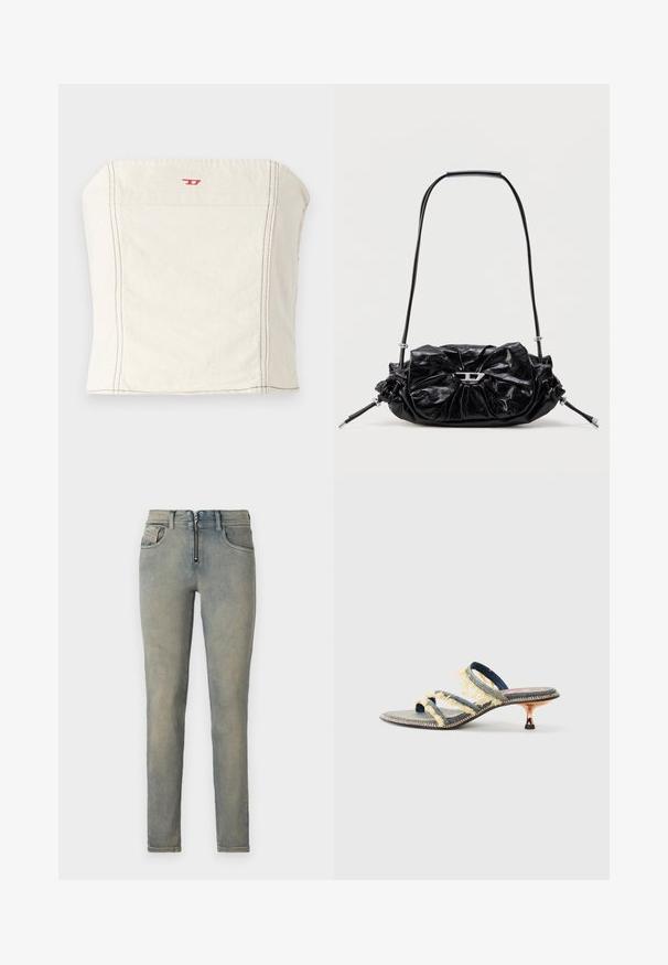 Hellbeige, tailliertes Crop-Top aus Baumwolle mit geradem Ausschnitt, minimalen Nahtdetails und einem kleinen roten Logo auf der Vorderseite.; Schmale Jeans aus hellblauem Denim mit einem Reißverschluss vorne, fünf Taschen und einem ausgewaschenen Look mit subtilen Farbvariationen.; Denim-Slidesandale mit drei gelben, ausgefransten Riemen, einer leicht spitzen Zehenpartie und einem metallischen Kitten-Heel. Flache Sohle mit dekorativer Naht.; Schwarze Lederhandtasche mit gerafftem Design und Schleifendetail auf der Vorderseite. Verfügt über einen kurzen Griff und silberne Hardware-Akzente.