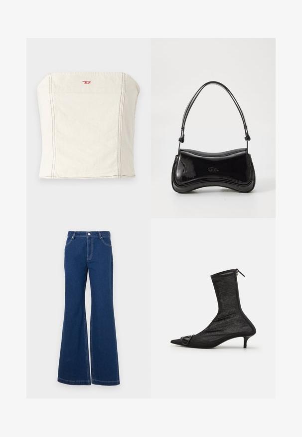 Svetlo béžový, priliehavý crop top vyrobený z bavlny, s rovnými ramenami, minimálnymi švovými detailmi a malým červeným logom na prednej strane.; Tmavomodré rozšírené džínsy vyrobené z denimu. Vlastnosti zahŕňajú pútka na opasok, predné vrecká a kontrastné šitie. Široký otvor nohavíc.; Čierne sieťované členkové topánky s špicatou špičkou, so zipsom a malým opätkom. Obsahujú ozdobný prackový detail v oblasti špičky.; Čierna lakovaná kabelka s zakriveným tvarom, jedným uchom a zaobleným dnom. Na prednej strane sa nachádza decentný detail loga.