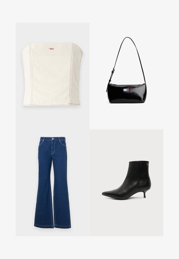 Lys beige, tætsiddende cropped top lavet af bomuld, med en lige halsudskæring, minimale syningsdetaljer og et lille rødt logo på forsiden.; Mørkeblå sænkede jeans lavet af denim. Funktioner inkluderer bæltesløjfer, forreste lommer og kontraststing. Bred benåbning.; Sort læder ankelstøvle med spids tå og lav kitten hæl på lys baggrund, der viser yderside.; Sort patenteret læder skuldertaske med en buet rem, lynlåslukning og et rektangulært logo patch i rød, hvid og blå.