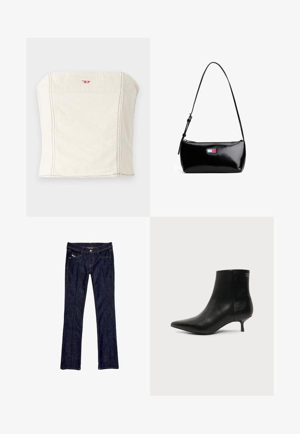 Hellbeige, tailliertes Crop-Top aus Baumwolle mit geradem Ausschnitt, minimalen Nahtdetails und einem kleinen roten Logo auf der Vorderseite.; Dunkelblaue Denim-Jeans mit geradem Bein, ausgestattet mit einer vorderen Knopfverschluss, fünf Taschen und sichtbaren Nähten entlang der Nähte.; Schwarzer Leder-Knöchel-Stiefel mit spitzer Spitze und niedrigem Kittenabsatz vor hellem Hintergrund, seitliche Ansicht.; Schwarze Lackleder-Schultertasche mit einem gebogenen Tragegurt, Reißverschlussverschluss und einem rechteckigen Logopatch in Rot, Weiß und Blau.