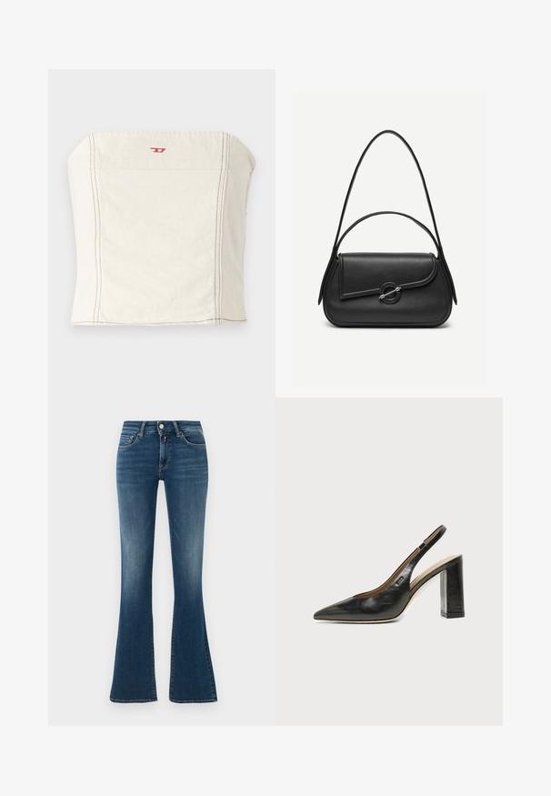 Haut court ajusté beige clair en coton, avec une encolure droite, des détails de couture minimalistes et un petit logo rouge à l'avant.; Jean bleu en denim à taille haute avec légères décolorations, poches avant, bouton, fermeture éclair et jambes évasées sur un fond clair uni.; Chaussure slingback en cuir noir à bout pointu avec un talon bloc haut et une doublure intérieure beige sur un fond clair uni.; Sac à main en cuir noir avec bords arrondis, rabat asymétrique, fermoir circulaire en métal, et des bandoulières courtes et longues.