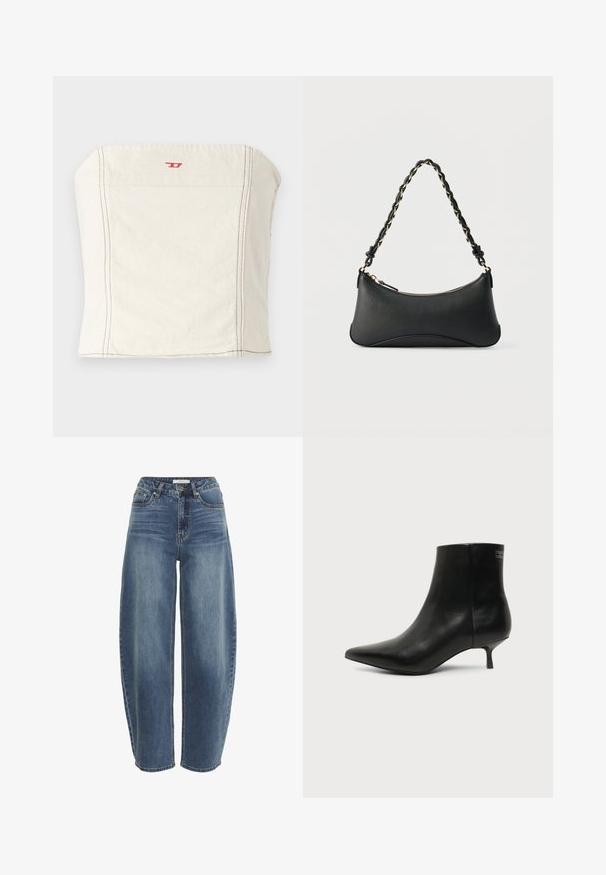 Lichtbeige, getailleerde crop top van katoen, met een rechte halslijn, minimale stikseldetails en een klein rood logo op de voorkant.; Hoge taille, losvallende blauwe jeans van denim, voorzien van een knoopsluiting, vijf zakken en subtiele vervaging op de stof.; Zwart leren enkellaars met puntige neus en lage kittenhak op lichte achtergrond, zijaanzicht buitenkant.; Zwarte lederen schoudertas met een gebogen rechthoekige vorm, gouden ketting verweven in een gevlochten zwarte band, en een ritssluiting bovenop.