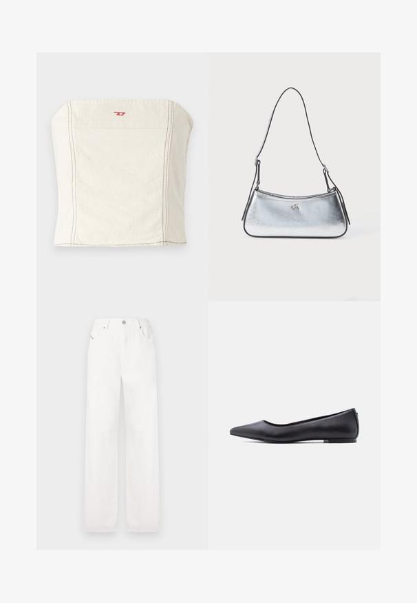 Lys beige, tætsiddende cropped top lavet af bomuld, med en lige halsudskæring, minimale syningsdetaljer og et lille rødt logo på forsiden.; Hvide bomulds bredbenede bukser med et klassisk femlomme-design og metalknaplukning, der har subtile syningsdetaljer.; Sort flad lædersko med spidst tåparti og lav hæl, vist i sideprofil mod en hvid baggrund.; Sølvmetallic skuldertaske med en buet form, tynd sort rem og subtil branding. Glat tekstur og minimalistisk design.