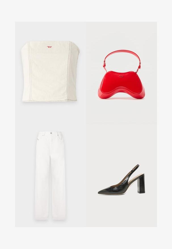 Lichtbeige, getailleerde crop top van katoen, met een rechte halslijn, minimale stikseldetails en een klein rood logo op de voorkant.; Witte katoenen wijde broek met een klassiek vijf-pocketontwerp en een metalen knoopsluiting, met subtiele stikdetails.; Zwarte leren slingback schoen met spits toelopend neusje, hoge blokhak en beige binnenvoering tegen een effen lichte achtergrond.; Rode tas van lakleer met een gebogen, ergonomische vorm, voorzien van een dunne verstelbare band en een subtiel logo-accent aan de voorkant.