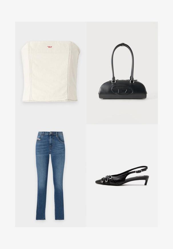 Svetlo béžový, priliehavý crop top vyrobený z bavlny, s rovnými ramenami, minimálnymi švovými detailmi a malým červeným logom na prednej strane.; Modré denimové džínsy so strihom rovného strihu, päť vrecúškovým dizajnom, zapínaním na gombík a jemným vyblednutím. Hladká textúra a čistý lem.; Čierna kožená slingback obuv so špicatou špičkou, tromi striebornými prackami vpredu a nízkym kitten podpätkom na bielom pozadí.; Čierna kožená kabelka s dlhými dvojitými rúčkami a vyrazeným oválnym logom vpredu, zobrazená na jednoduchom svetlom pozadí.