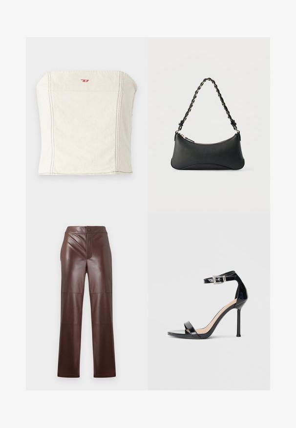 Top corto ajustado de color beige claro, hecho de algodón, con un escote recto, mínimos detalles de costura y un pequeño logo rojo en el frente.; Pantalones de imitación cuero marrón con corte recto y textura suave. Presentan un cierre frontal con cremallera y botón, complementado con costuras en tono.; Sandalia de tacón alto en piel sintética negra con correa en el tobillo. Presenta un diseño minimalista, punta abierta y una hebilla con detalles de pedrería.; Bolso de hombro de cuero negro con forma rectangular curvada, cadena dorada entrelazada en una correa negra trenzada y cierre superior con cremallera.