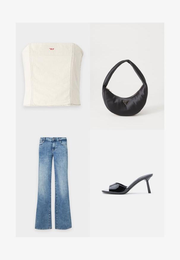 Lys beige, tætsiddende cropped top lavet af bomuld, med en lige halsudskæring, minimale syningsdetaljer og et lille rødt logo på forsiden.; Lyseblå flagrende jeans lavet af denim. Har en knaplukning, fem lommer og afslidt detaljer for et brugt udseende.; Sorte laklæder sandaletter med åben tå, der har et buet overdesign og en spids stilethæl. Glat, blank finish.; Sort satin håndtaske med en buet form, der har en lynlåslukning og et trekantet logo i metal på forsiden. Glat tekstur og slankt design.