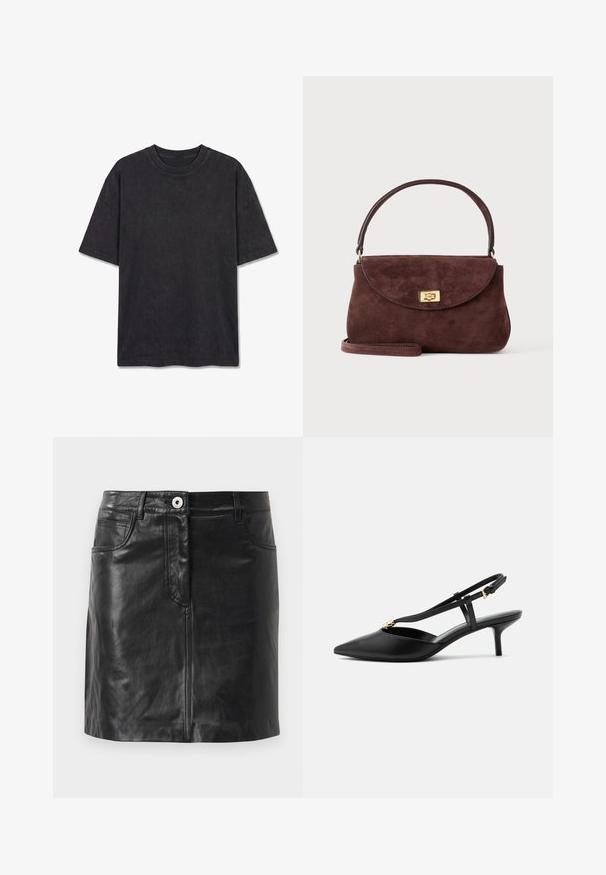 Sort oversized T-shirt med korte ærmer, rund halsudskæring og subtilt broderet "PEGADOR" logo midt på fronten.; Weekend Max Mara HULL - Pencil skirt - nero; Sort læder slingback kitten heel med spids tå, slank T-rem, justerbar spænde og lille guldfinish på remmen.; Lille brun ruskindshåndtaske med en buet klap, guld twist-lås, kort håndtag og en valgfri skulderrem på en ensfarvet baggrund.