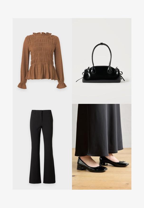 Bruine blouse met lange mouwen, een gerimpeld lijfje, een ruchenkraag en uitlopende manchetten, voorzien van een peplumzoom.; Zwarte wijde broek van gladde stof, met een voorplooi, riemlussen en een getailleerde pasvorm. Eenvoudig ontwerp zonder zichtbare patronen.; Zwarte gepatineerde ballerina's met een strikaccent, lage blokhak en ronde neus, gedragen met een lange zwarte rok op een houten vloer.; Kleine zwarte glanzende handtas met twee lange hengsels en zijkant trekkoord details op een effen lichte achtergrond.