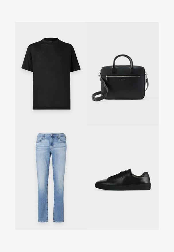Sort kortærmet t-shirt med høj hals, der har en glat tekstur og subtil glans, lavet af letvægtsstof. Ingen synlige logoer.; Lyseblå denimjeans med lige ben, med knaplukning, fem lommer og let falmning i stoffet.; Sort lavtop lædersneaker med sorte snørebånd og en tyk sort sål, vist fra siden på en lysegrå baggrund.; Sort struktureret rektangulær lædermappe med dobbelthåndtag, lynlåslomme foran og justerbar skulderrem vist på hvid baggrund.
