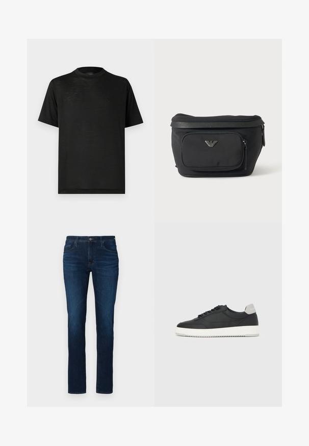 Schwarzes kurzärmeliges T-Shirt mit hohem Kragen, das eine glatte Textur und einen dezenten Glanz aufweist, gefertigt aus leichtem Stoff. Keine sichtbaren Logos.; Dunkelblaue Jeans aus Denim mit geradem Bein, ausgestattet mit einem standardmäßigen Knopf- und Reißverschluss, fünf Taschen und leichter Ausbleichung.; Schwarzer Low-Top-Sneaker mit weißer Sohle und grauem Fersenlaschen, Seitenansicht vor einem weißen Hintergrund.; Schwarze Bauchtasche mit Frontreißverschlusstasche und silbernem Adlerlogo, glattes Gewebe mit strukturiertem Besatz und Reißverschlussanhängern.