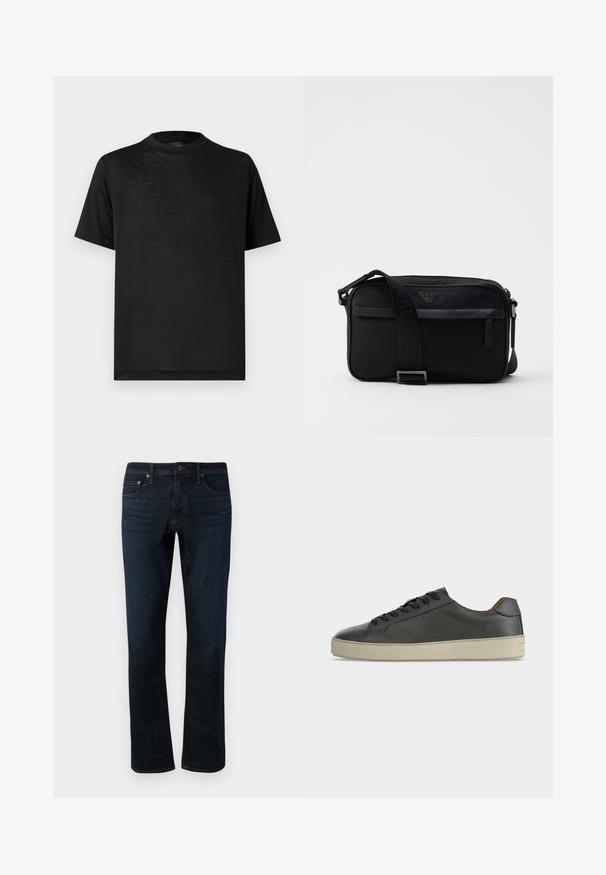 Sort kortærmet t-shirt med høj hals, der har en glat tekstur og subtil glans, lavet af letvægtsstof. Ingen synlige logoer.; Mørkeblå denimjeans med lige ben, der har et klassisk fem-lomme design og subtile syninger.; Lav top sort lædersneaker med sorte snørebånd og off-white gummisål, set fra den ydre side på hvid baggrund.; Sorte nylon skuldertaske med en kontrasterende rem, slank rektangulær form, logo detaljer og en lynlåslomme på forsiden.