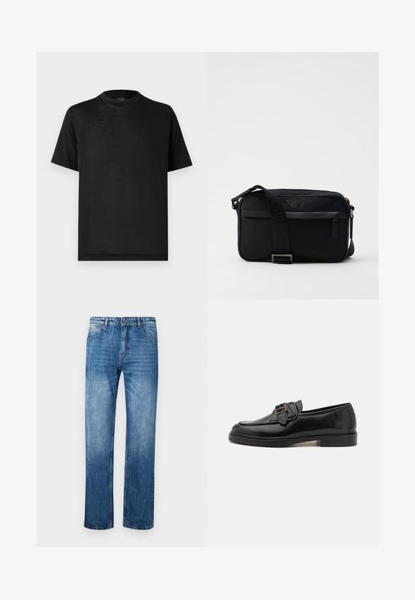 Sort kortærmet t-shirt med høj hals, der har en glat tekstur og subtil glans, lavet af letvægtsstof. Ingen synlige logoer.; Blå denim jeans med lige fit, der har fem lommer, bæltestropper og subtilt slid på stoffet.; Sorte læder loafers med rund tå og en dekorativ spændeaccent. Flad, solid hæl og glat tekstur hele vejen igennem.; Sorte nylon skuldertaske med en kontrasterende rem, slank rektangulær form, logo detaljer og en lynlåslomme på forsiden.