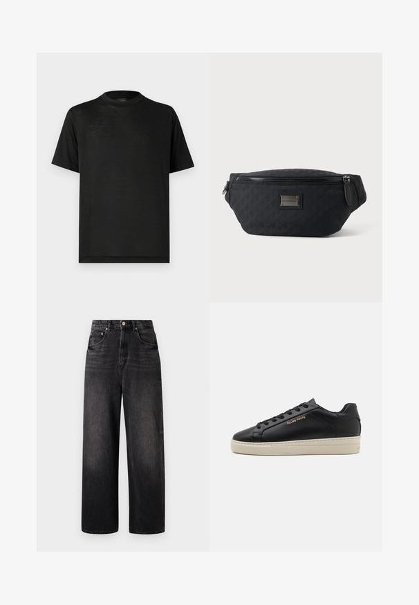 Schwarzes kurzärmeliges T-Shirt mit hohem Kragen, das eine glatte Textur und einen dezenten Glanz aufweist, gefertigt aus leichtem Stoff. Keine sichtbaren Logos.; Schwarze Jeans aus Denim mit lockerer Passform, hoher Taille, fünf Taschen und sichtbarem Knopfverschluss. Sie verfügen über dezente Verblassung und ein gerades Bein-Design.; Schwarze Leder-Sneaker mit glatter Oberfläche, kontrastierender cremefarbener Sohle, abgerundeter Spitze, goldfarbenem Logo an der Seite und sechs Ösen für die Schnürsenkel.; Schwarze Stoff-Gürteltasche mit vorderem Reißverschluss und kleinem Metall-Logoschild in der Mitte, vor einem schlichten Hintergrund präsentiert.