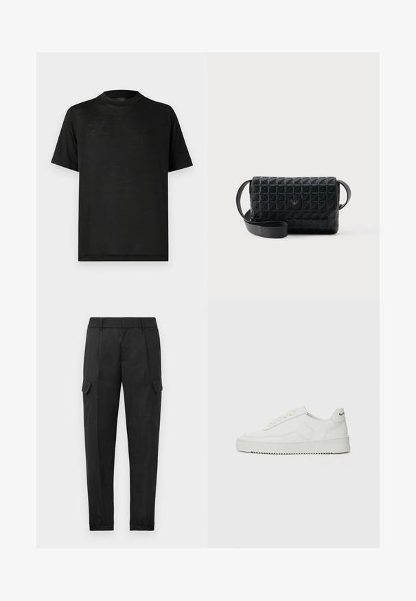 Camiseta negra de manga corta con cuello alto, con una textura suave y un brillo sutil, hecha de tela ligera. Sin logotipos visibles.; Pantalones cargo negros con una cintura elástica, pierna ajustada, bolsillos laterales y un solo bolsillo cargo en el muslo izquierdo. Textura suave.; Zapatilla de cuero blanca con un acabado suave, puntera redonda, cordones planos y suela texturizada. Cuenta con un sutil logo en el talón.; Bolso bandolera negro con textura, cierre de solapa y un pequeño logo metálico en el frente, mostrado sobre un fondo liso.