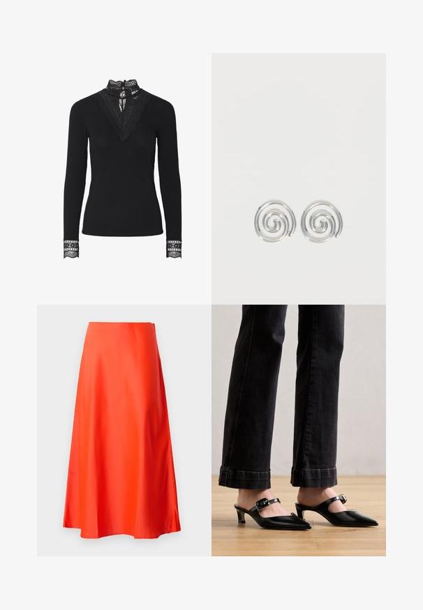 Top negro de canalé con mangas largas y un alto collar de encaje. Los acentos de encaje notables en el escote y los puños añaden textura y detalle.; Falda midi de satén rojo con una textura suave, silueta en forma de A y un sutil vuelo en el dobladillo. Sin patrones visibles ni adornos.; Mules negros de punta puntiaguda con tacón bajo y una correa ajustable con hebilla. Material de cuero liso con acabado brillante.; Par de pendientes de aro espiral plateados con diseño liso y redondeado sobre un fondo blanco liso.
