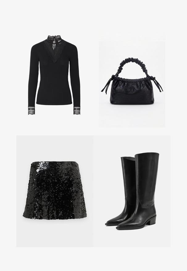 Haut noir à côtes avec manches longues et col en dentelle haute. Des accents en dentelle notables au niveau du col et des poignets ajoutent de la texture et du détail.; Mini-jupe noire à sequins avec une coupe ajustée, une texture brillante et une forme trapèze. Surface recouverte de sequins réfléchissants.; Paire de bottes hautes en cuir noir avec des talons bas carrés et des bouts pointus sur un fond clair uni.; Sac à main noir avec texture crocodile, bord supérieur froncé, poignée plissée et pompons à cordon de chaque côté sur fond blanc.