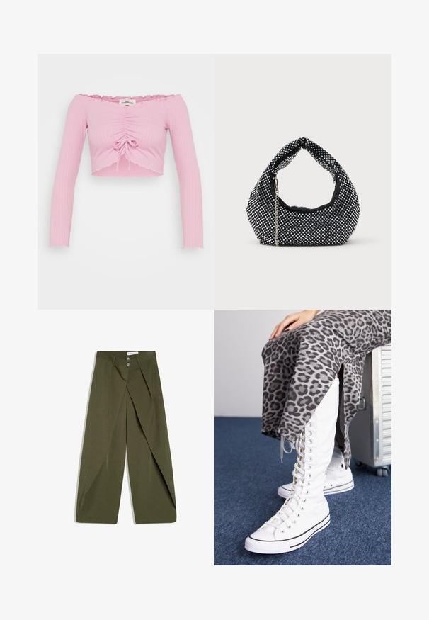 Lyserød ribbet crop top med lange ærmer, der sidder af skulderen, med snøre-detail foran og hullede kantkanter.; Olivengrønne bukser med vide ben, plisseret front, to sidelommer og knaplukning. Fremstillet i et struktureret stof.; Skridtløse hvide støvler med høj skaft, lavet af canvas, med sorte akcenter. Sammen med en grå leopardmønstret nederdel med sidespalter.; Sort mesh håndtaske prydet med sølvnitter, udstyret med et buet håndtag og en kædetraspe. Blød tekstur med en rund form.