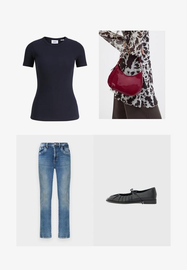 T-shirt moulant côtelé bleu marine à manches courtes avec encolure ronde et étiquette de marque JJXX à l'intérieur du col.; Jean en denim bleu à coupe droite avec une décoloration usée, bouton avant, braguette zippée, passants pour ceinture et design classique à cinq poches.; Chaussure plate noire avec design plissé à l'avant et un nœud noué sur le dessus, petit talon, et texture lisse sur un fond gris clair.; Femme portant un chemisier à motif noir et blanc tenant un sac à main rouge brillant sur un fond uni.