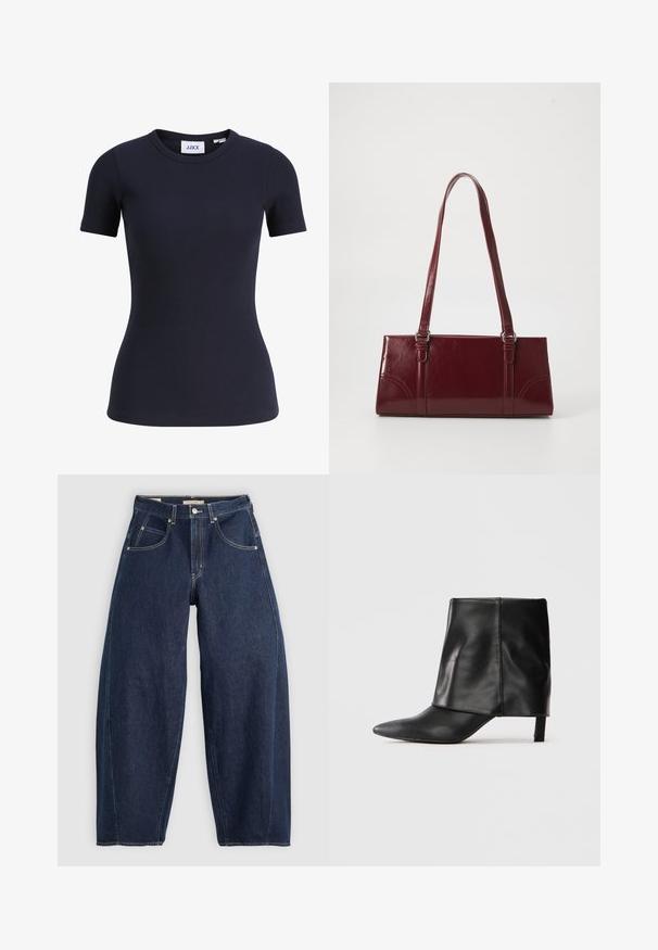 Marineblå ribstrikket kortærmet figursyet t-shirt med rund halsudskæring og JJXX mærke inde i kraven.; Mørkeblå denim jeans med løs pasform, lyse syninger, fem lommer og en knaplukning ved taljen.; Sort læderstøvle til midten af læggen med spids tå, foldet øvre skaft og slank lav hæl, der står på hvid baggrund.; Bordeaux håndtaske lavet af glansfuldt materiale, rektangulær form, med to skulderremme og subtile buede detaljer på forsiden.